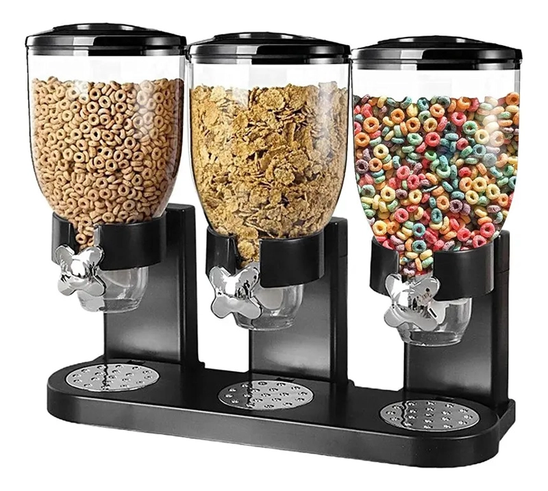 DISPENSADOR TRIPLE DE MESA CEREAL GRANOS FRUTOS SECOS DULCES NEGRO - 1