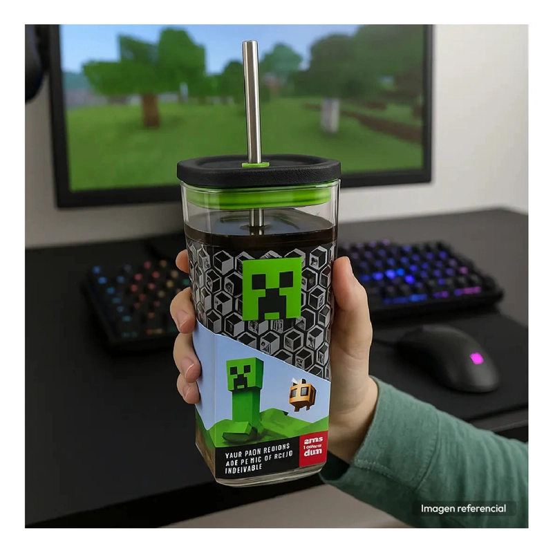 VASO MINECRAFT 660ML CON BOMBILLA ACERO INOXIDABLE BPA FREE - 2