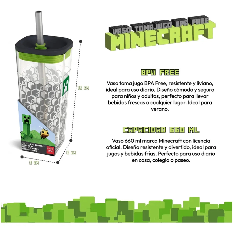VASO MINECRAFT 660ML CON BOMBILLA ACERO INOXIDABLE BPA FREE - 3