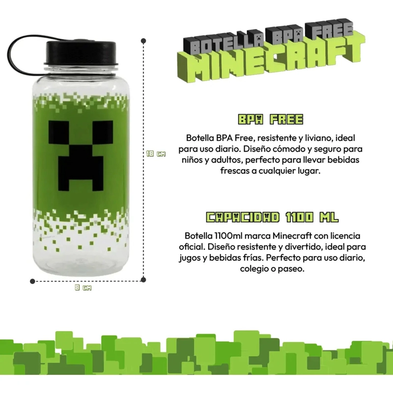 BOTELLA MINECRAFT 1100ML CREEPER BPA FREE PLASTICO NIÑOS - 3