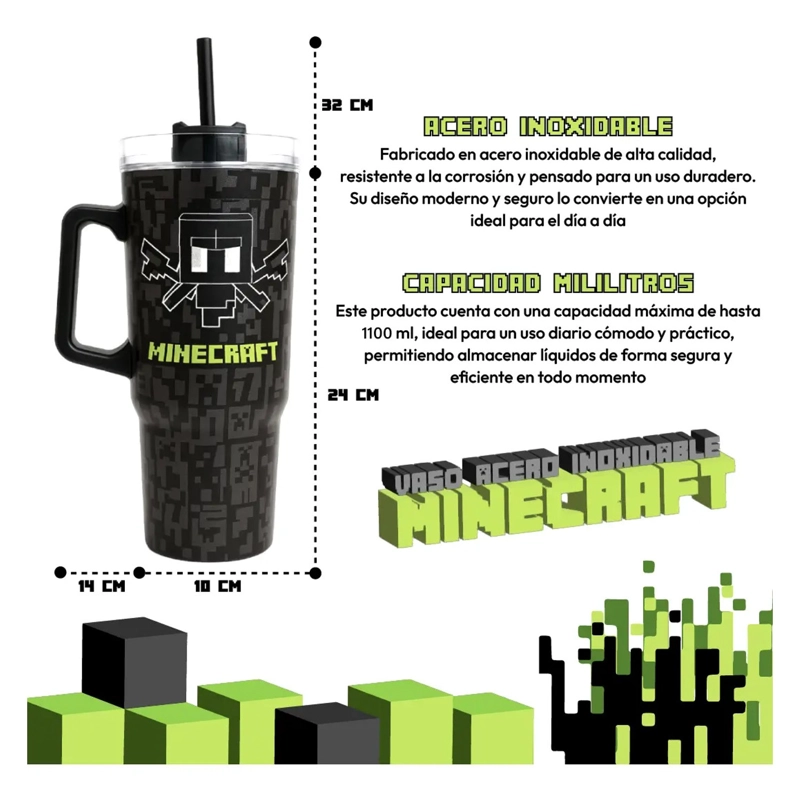 VASO TERMICO MINECRAFT 1100ML ACERO INOXIDABLE NEGRO - 3