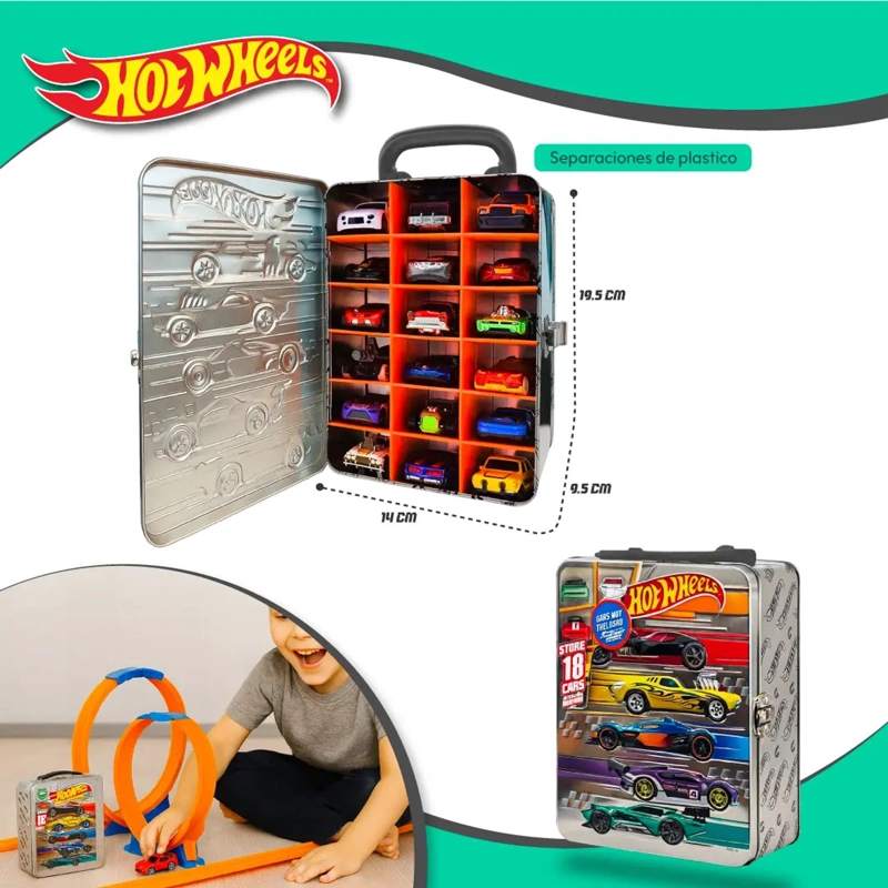 CAJA HOT WHEELS 18 AUTOS ESTUCHE METALICO GUARDA JUGUETE - 3