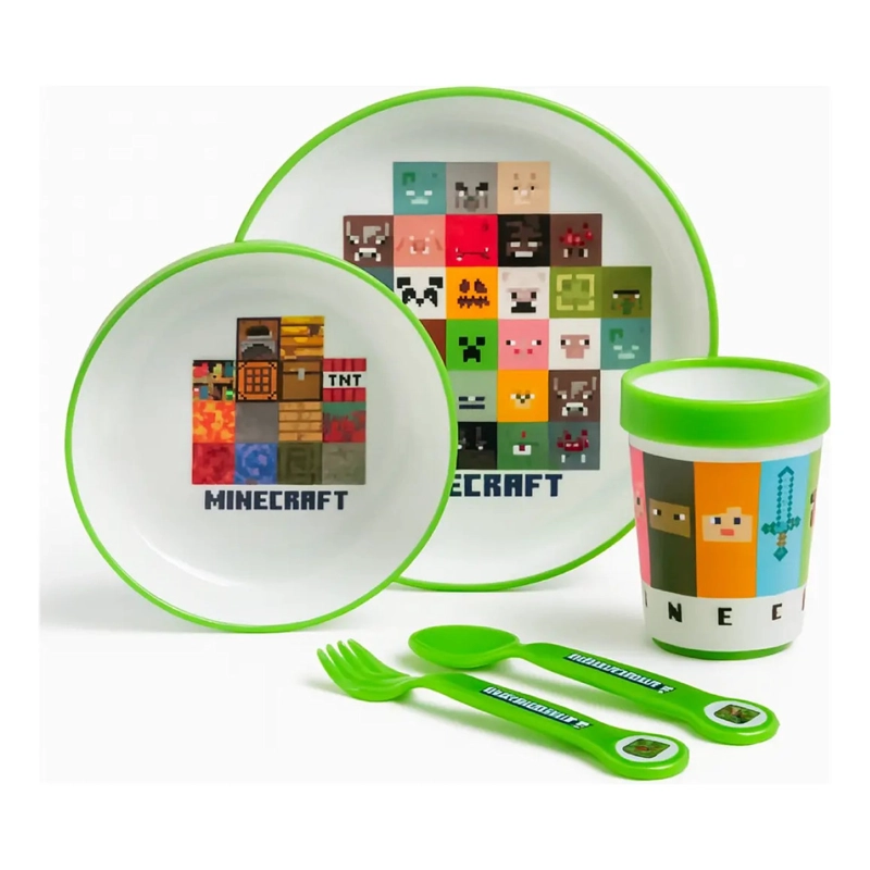 SET VAJILLA INFANTIL MINECRAFT 5 PCS PLATO VASO CUBIERTOS - 1
