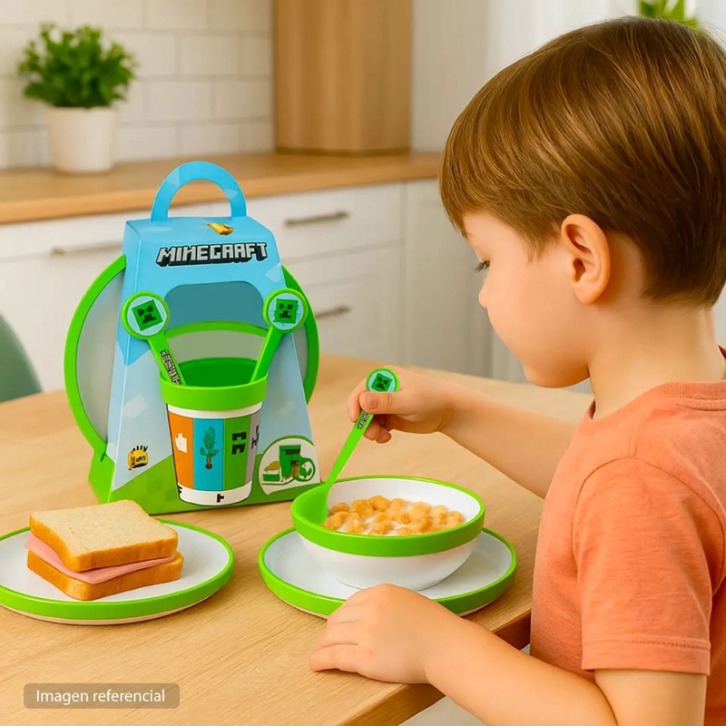 SET VAJILLA INFANTIL MINECRAFT 5 PCS PLATO VASO CUBIERTOS - 2