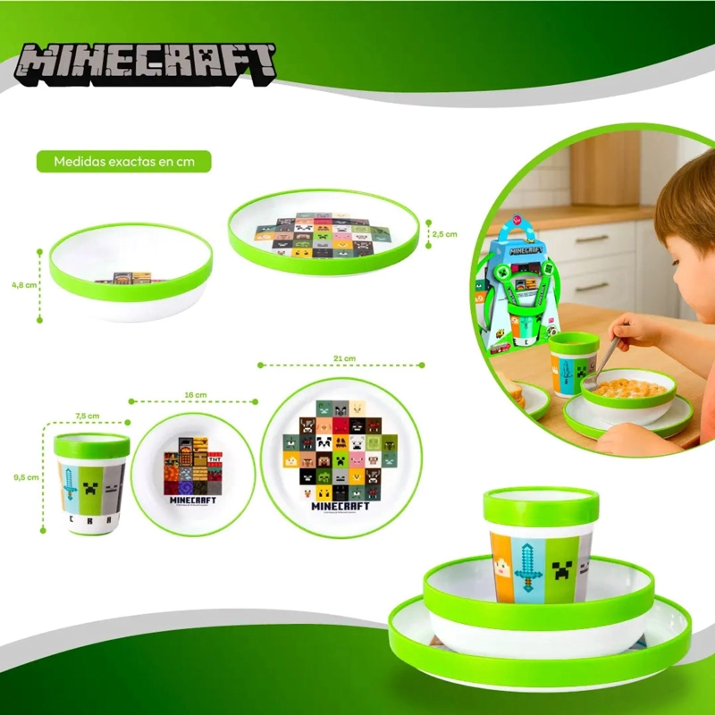 SET VAJILLA INFANTIL MINECRAFT 5 PCS PLATO VASO CUBIERTOS - 3