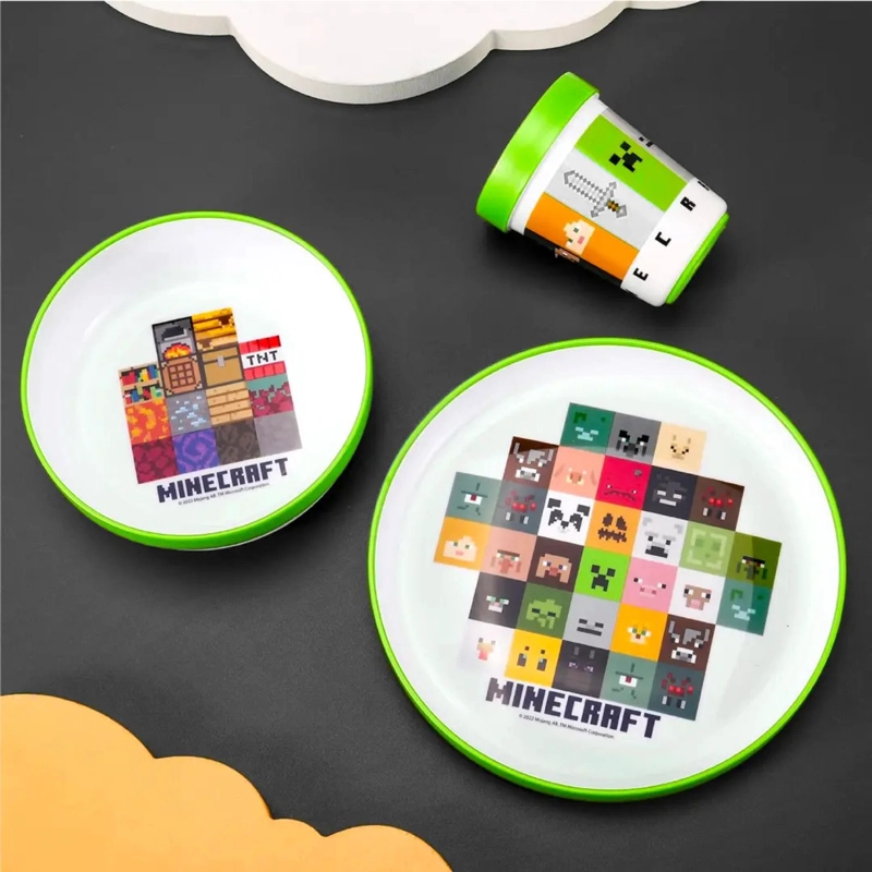 SET VAJILLA INFANTIL MINECRAFT 5 PCS PLATO VASO CUBIERTOS - 5