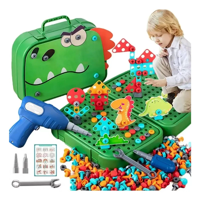 KIT CONSTRUCCION JUGUETE NIÑOS 450 PZS MALETIN TALADRO DINO - 1