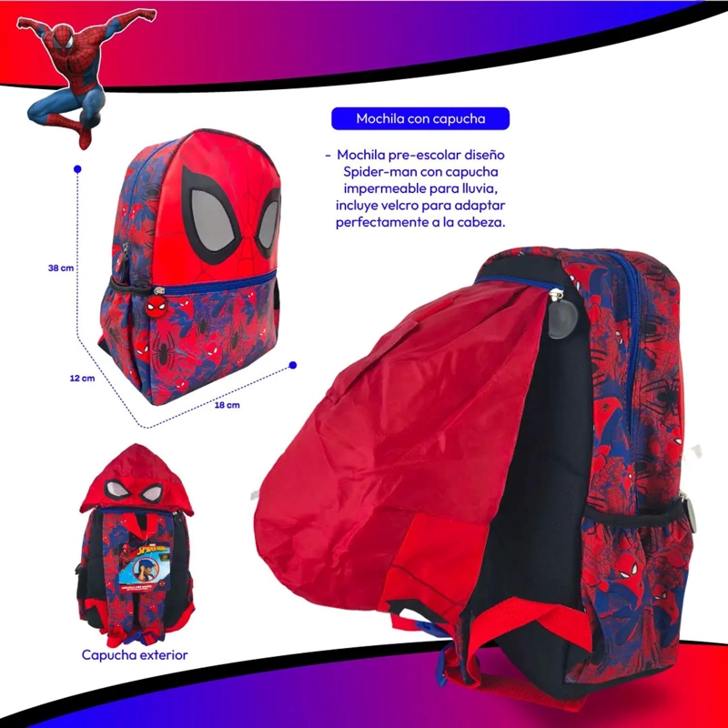 MOCHILA INFANTIL SPIDERMAN MARVEL 3D CON CAPUCHA NIÑOS - 3