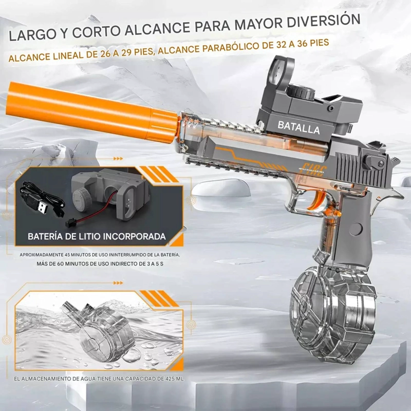 PISTOLA DE AGUA ELECTRICA RECARGABLE POTENTE NIÑOS JUGUETE - 7