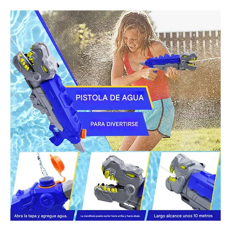 PISTOLA LANZA AGUA DINOSAURIO REX AZUL JUGUETE VERANO - 5