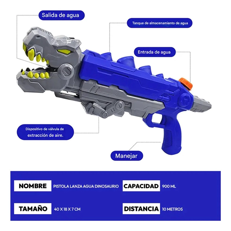 PISTOLA LANZA AGUA DINOSAURIO REX AZUL JUGUETE VERANO - 6