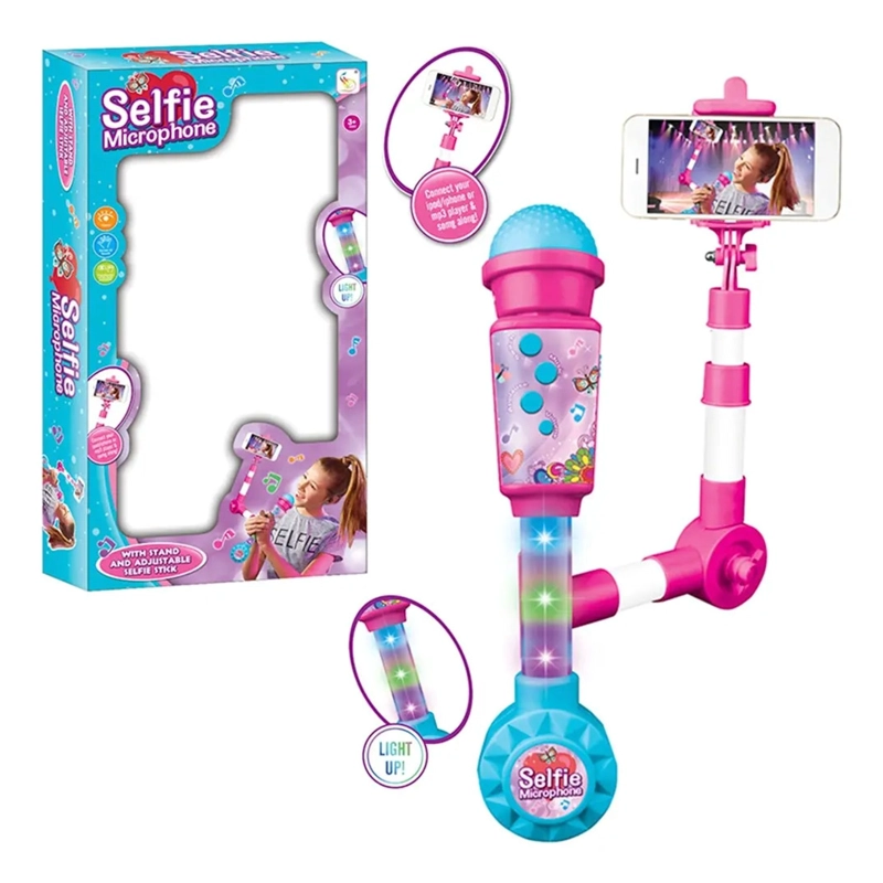 MICROFONO KARAOKE INFANTIL CON SELFIE STICK ROSA - 1