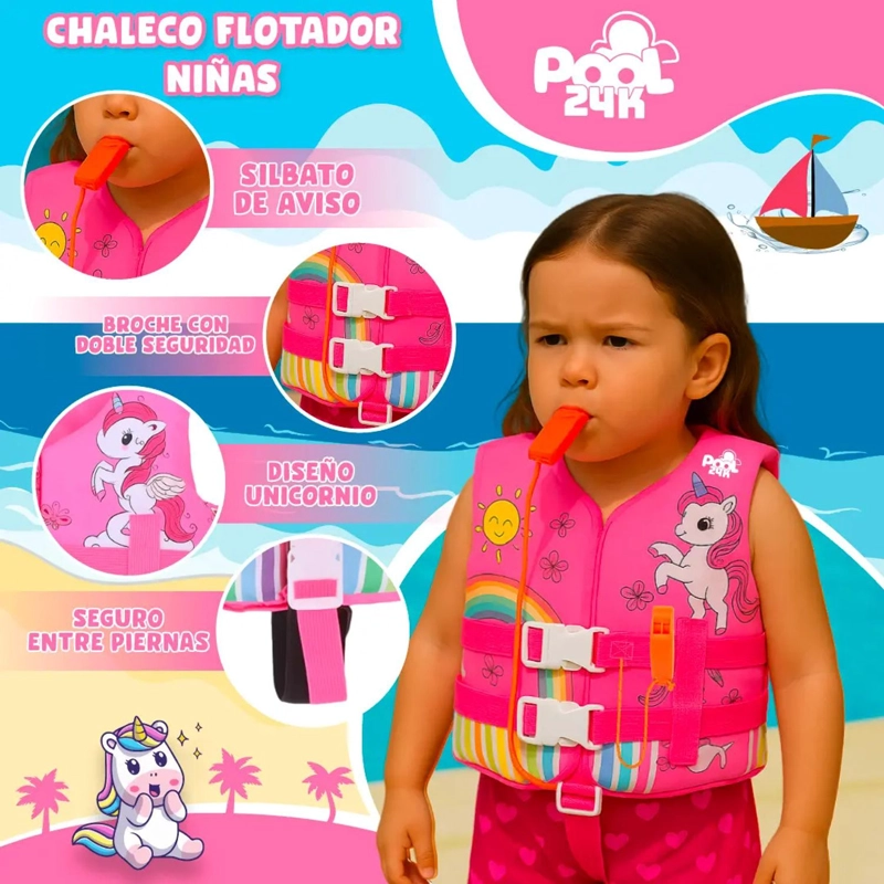 CHALECO FLOTADOR NIÑAS UNICORNIO NATACION SEGURIDAD PISCINA - 3