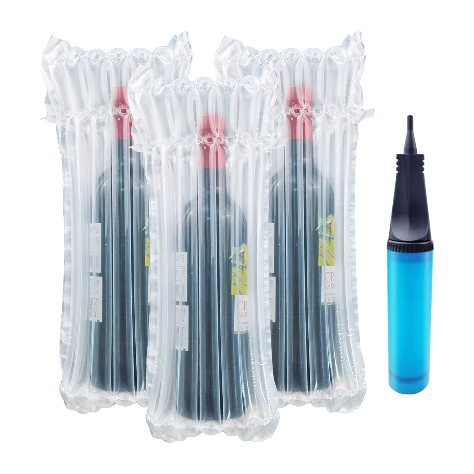 BOLSA PROTECTOR BOTELLA VINO BURBUJA DE AIRE PARA BOTELLAS 25UND CON INFLADOR - 1