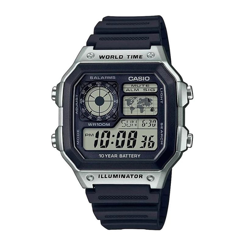 RELOJ WORLD TIME ROYALE CASIO VINTAGE AE-1200WH-1CV PLATEADO CORREA NEGRA DIGITAL - 1