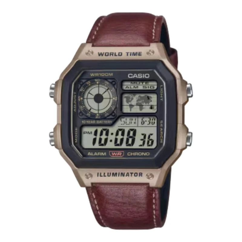 RELOJ WORLD TIME ROYALE CASIO VINTAGE AE-1200WHL-5AV CORREA DE CUERO - 1