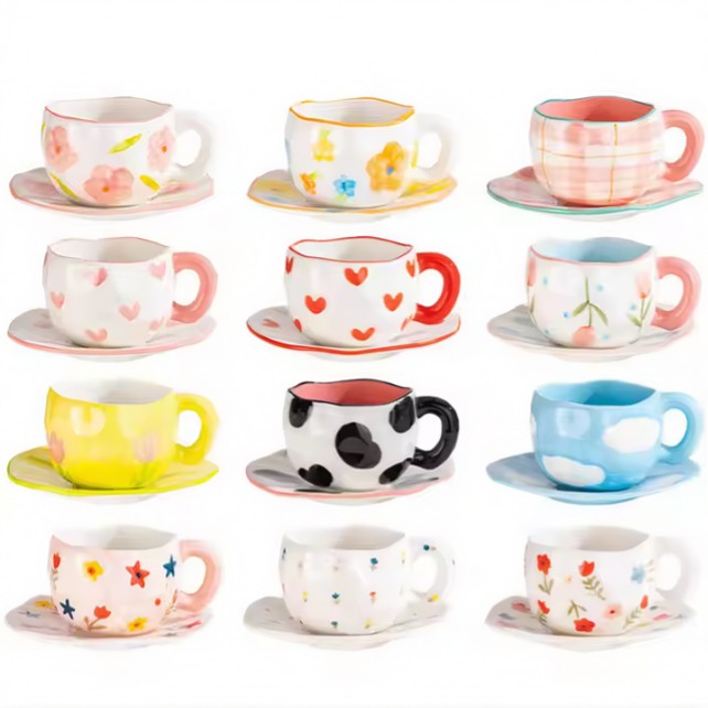 TAZA DE CERÁMICA LIGERA DE LUJO ROSA A FLORES T-00023-4 - 2