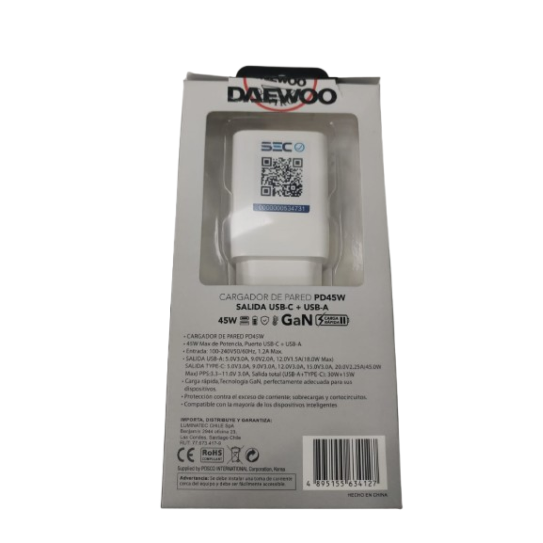 CARGADOR DAEWOO USB PD45W DI-PD452-EU SALIDA USB-C + USB-A - 1