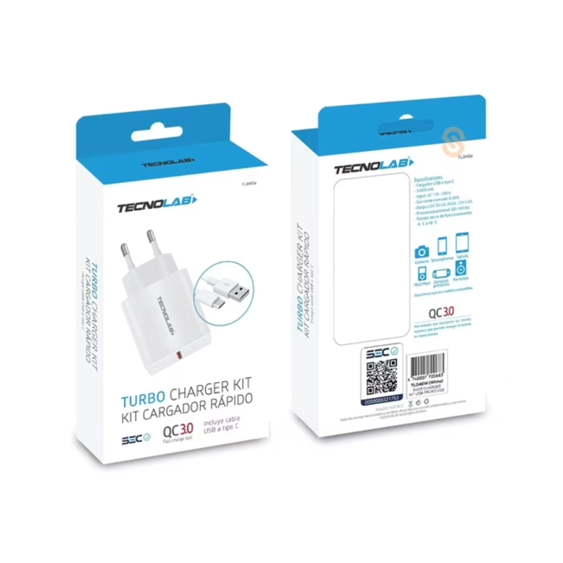CARGADOR USB TECNOLAB CARGA RAPIDA CON CABLE TIPO C TL468 BLANCO - 2