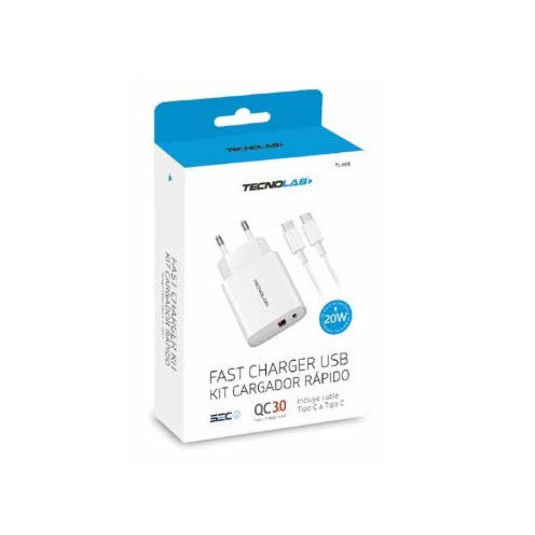 CARGADOR USB TECNOLAB USB CARGA RAPIDA + CABLE TIPO C A LIGHTNING EN COLOR BLANCO - 4