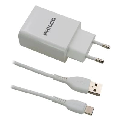 CARGADOR RAPIDO PHILCO R2109 2.1 CON CABLE TIPO C BLANCO - 1
