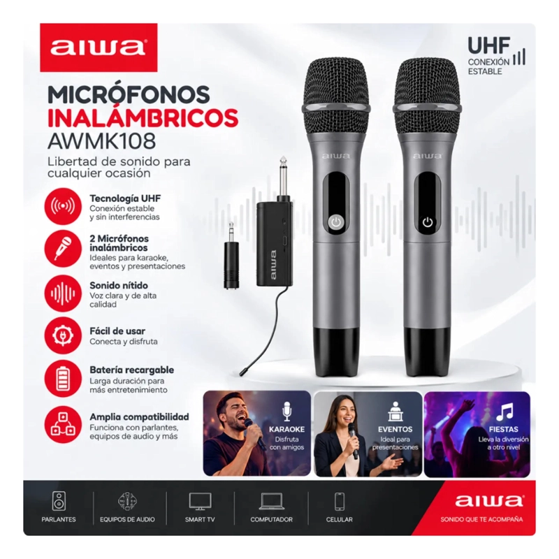 MICROFONOS PACK X2 INALAMBRICOS AIWA METALICOS AW-MK108 NEGRO - 5