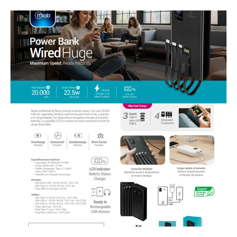 CARGADOR POWER BANK MLAB WIRED HUGE 9664 20.000MAH - 4