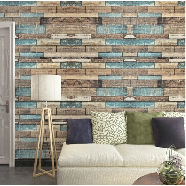 LAMINA 3D LADRILLO MADERA MARRON/CELESTE ADHESIVA MURALLA - 1