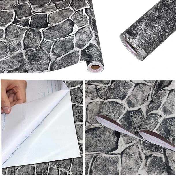 PAPEL MURAL PVC PIEDRA BORDES GRISES PACK 3 ROLLOS - 1
