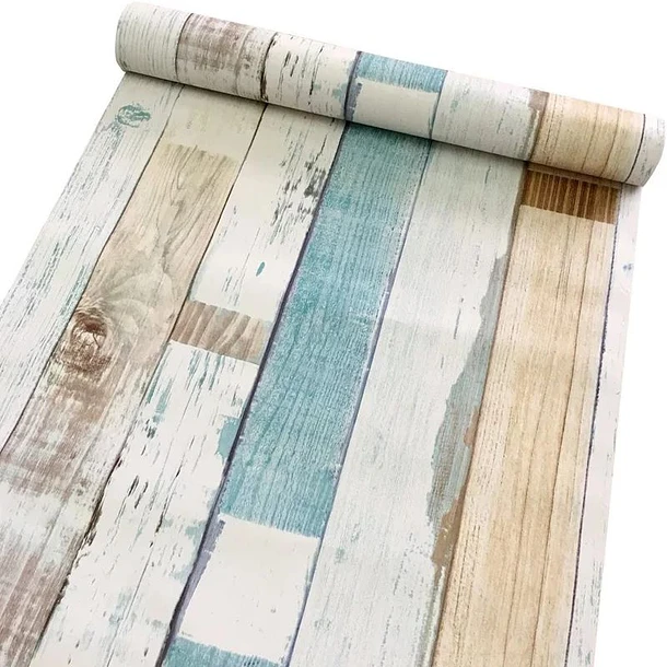 PAPEL MURAL PACK DE 3 UNIDADES - MADERA CELESTE/BEIGE - 1