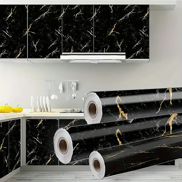 PAPEL TAPIZ MARMOL IMPERMEABLE NEGRO - 1