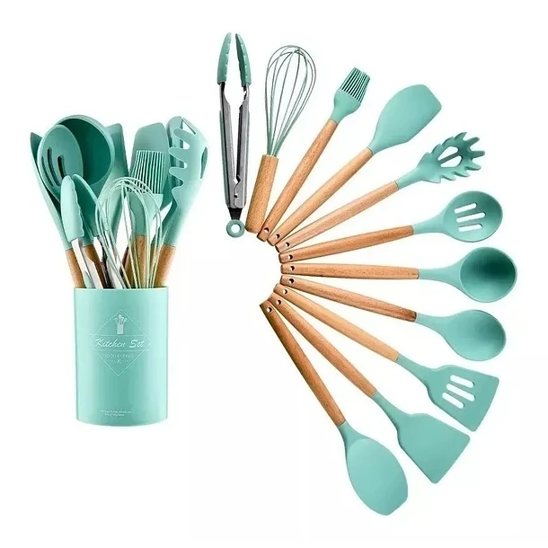 UTENSILIOS ROSAS DE COCINA MADERA Y SILICONA - 1