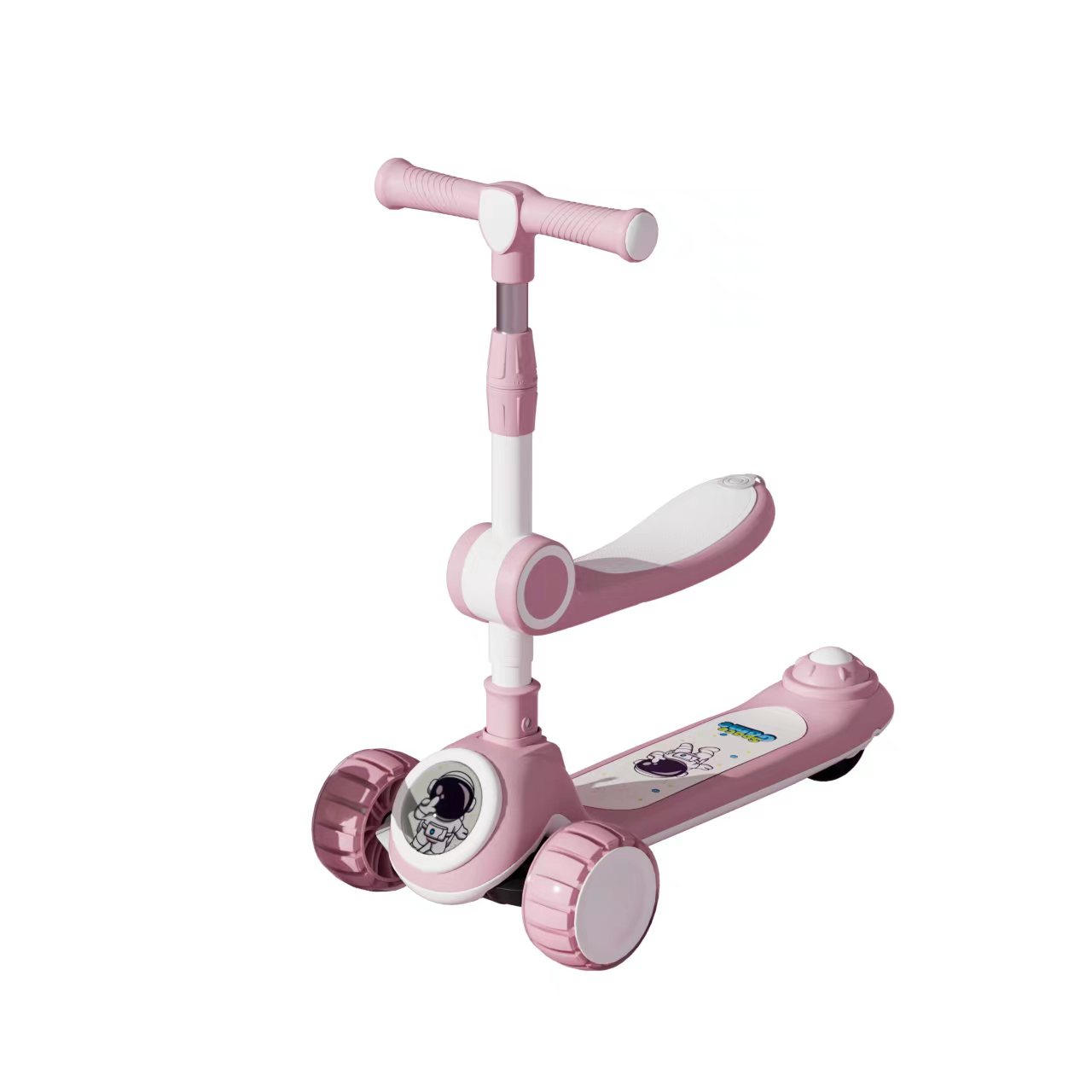 SCOOTER 2 EN 1, RUEDA CON LUZ Y SONIDO, SPACEMAN ROSADO - 1