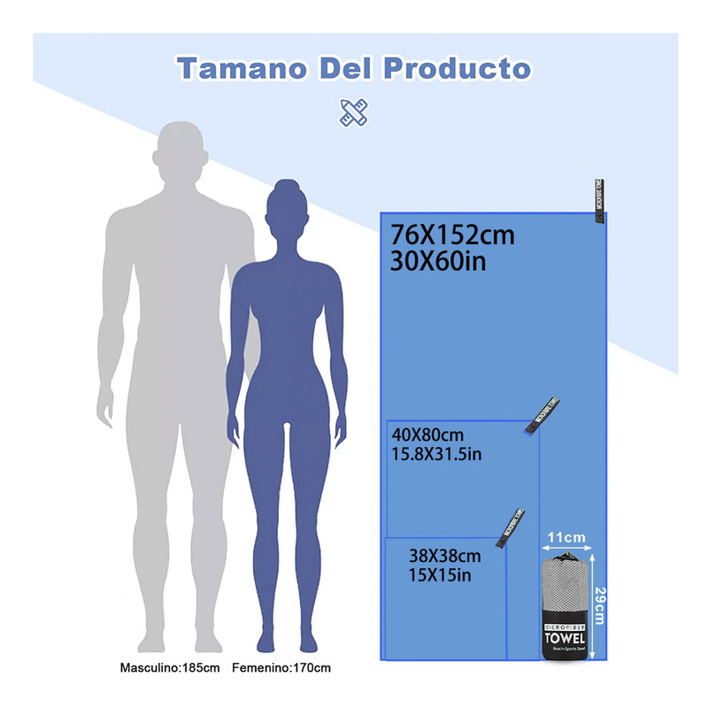 TOALLA MICROFIBRA BABYLUNA DE DEPORTE BAÑO VIAJE 3 PCS CELESTE - 4