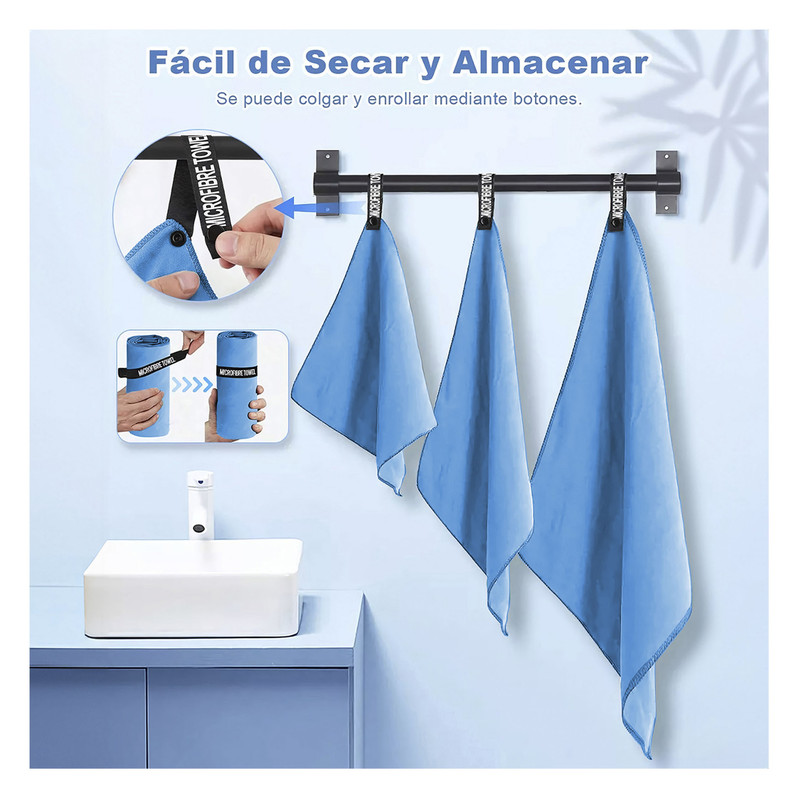 TOALLA MICROFIBRA BABYLUNA DE DEPORTE BAÑO VIAJE 3 PCS CELESTE - 5