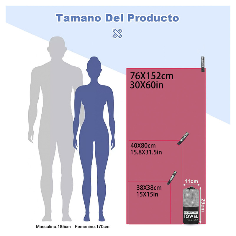 TOALLA MICROFIBRA BABYLUNA DE DEPORTE BAÑO VIAJE 3 PCS ROSADO - 4