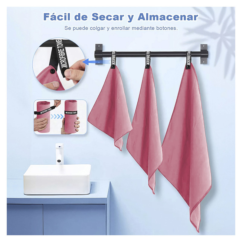 TOALLA MICROFIBRA BABYLUNA DE DEPORTE BAÑO VIAJE 3 PCS ROSADO - 5