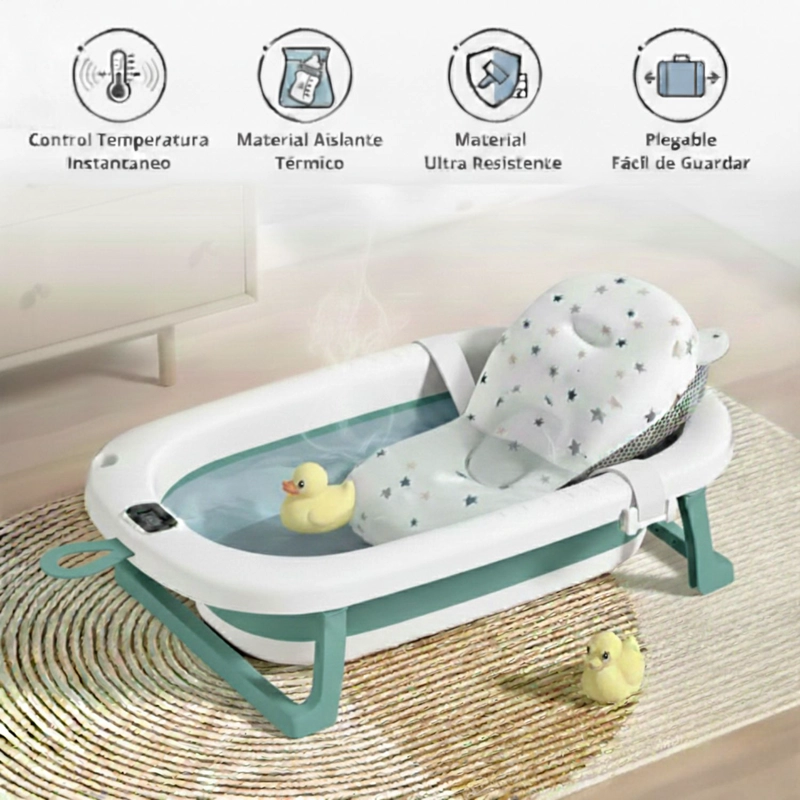 TINA BAÑERA PLEGABLE BEBÉ CON TERMÓMETRO Y COJÍN ESTRELLA VERDE - 4