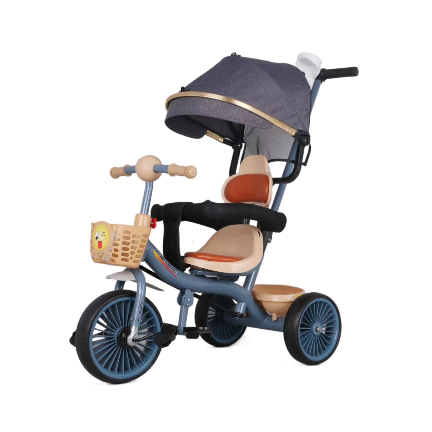 TRICICLO INFANTIL 2 ETAPAS METÁLICO CON TECHO Y BARRA GUÍA AZUL - 1