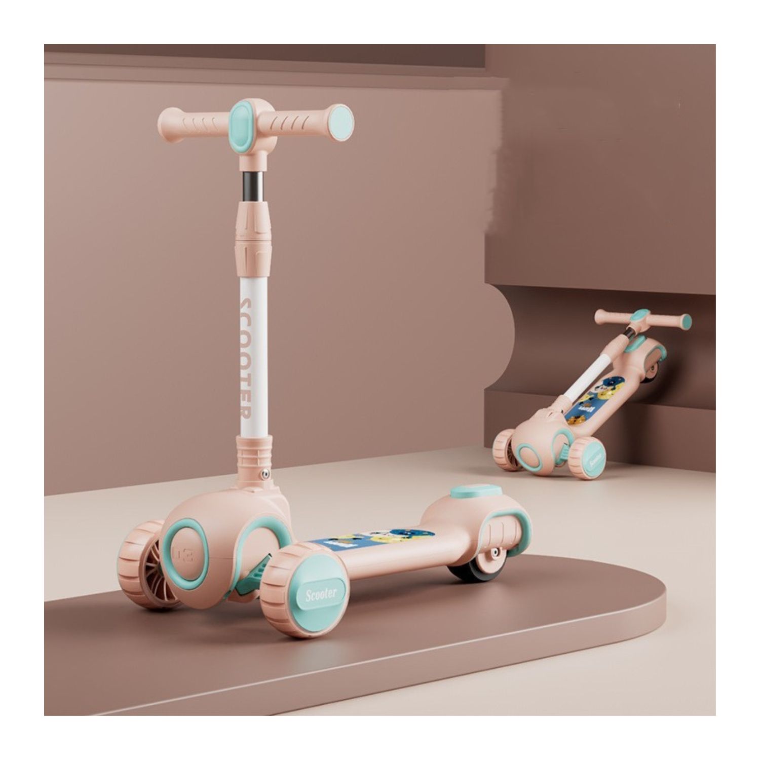 SCOOTER 3 EN 1, CON ASIENTO Y MANUBRIO, RUEDA LUCES Y SONIDO ROSA - 3