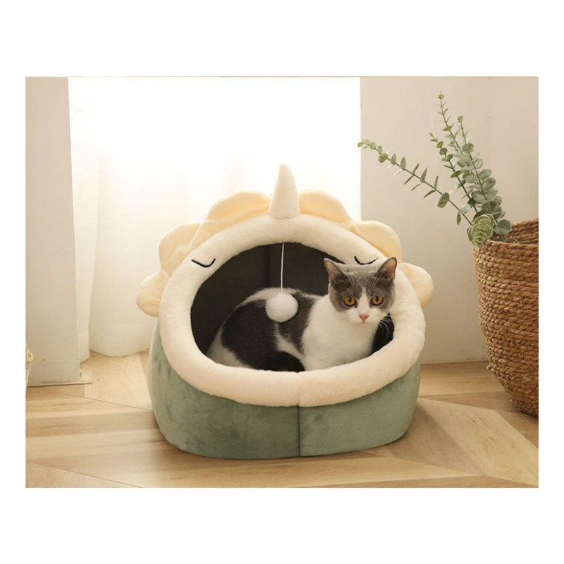 CASA CAMA SUAVE PARA GATOS CON JUGUETE COLGANTE VERDE - 2
