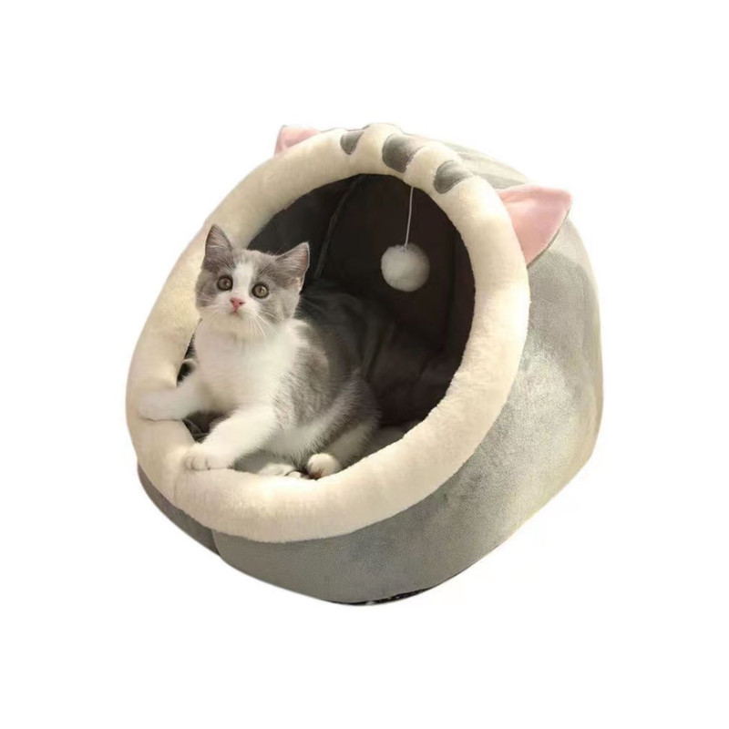 CASA CAMA SUAVE PARA GATOS CON JUGUETE COLGANTE GRIS - 1