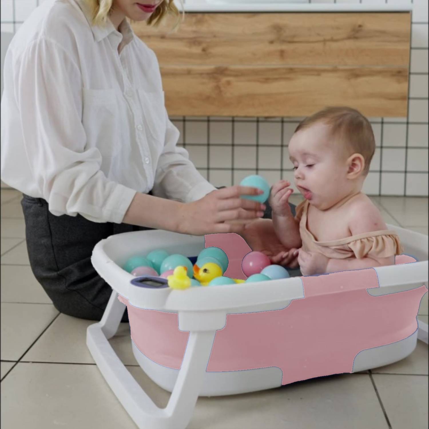 TINA BAÑERA PLEGABLE PARA BEBÉ CON COJÍN Y TERMÓMETRO ROSA - 5