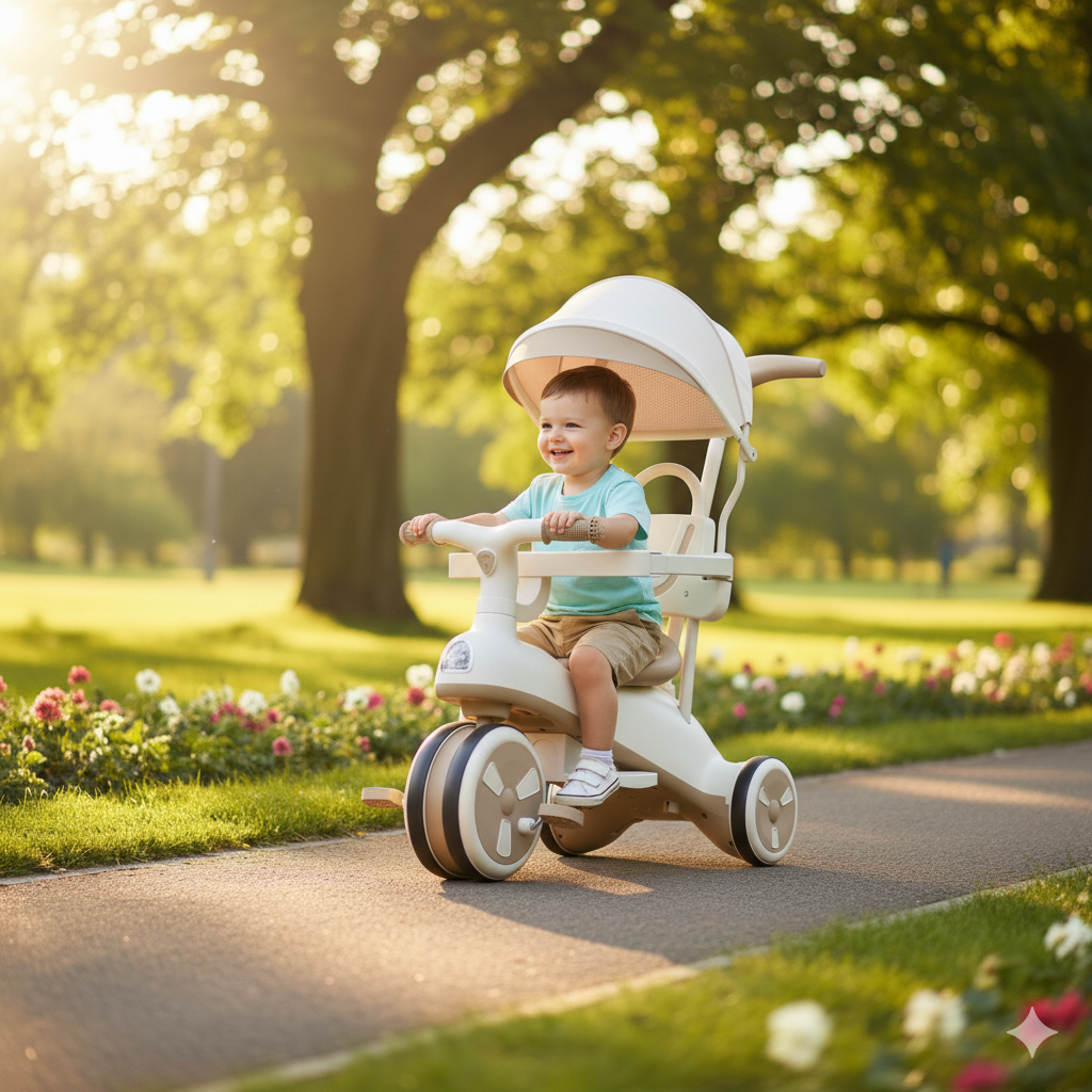 COCHE TRICICLO CON TECHO Y ANDADOR CON LUZ Y MÚSICA CAQUI - 2