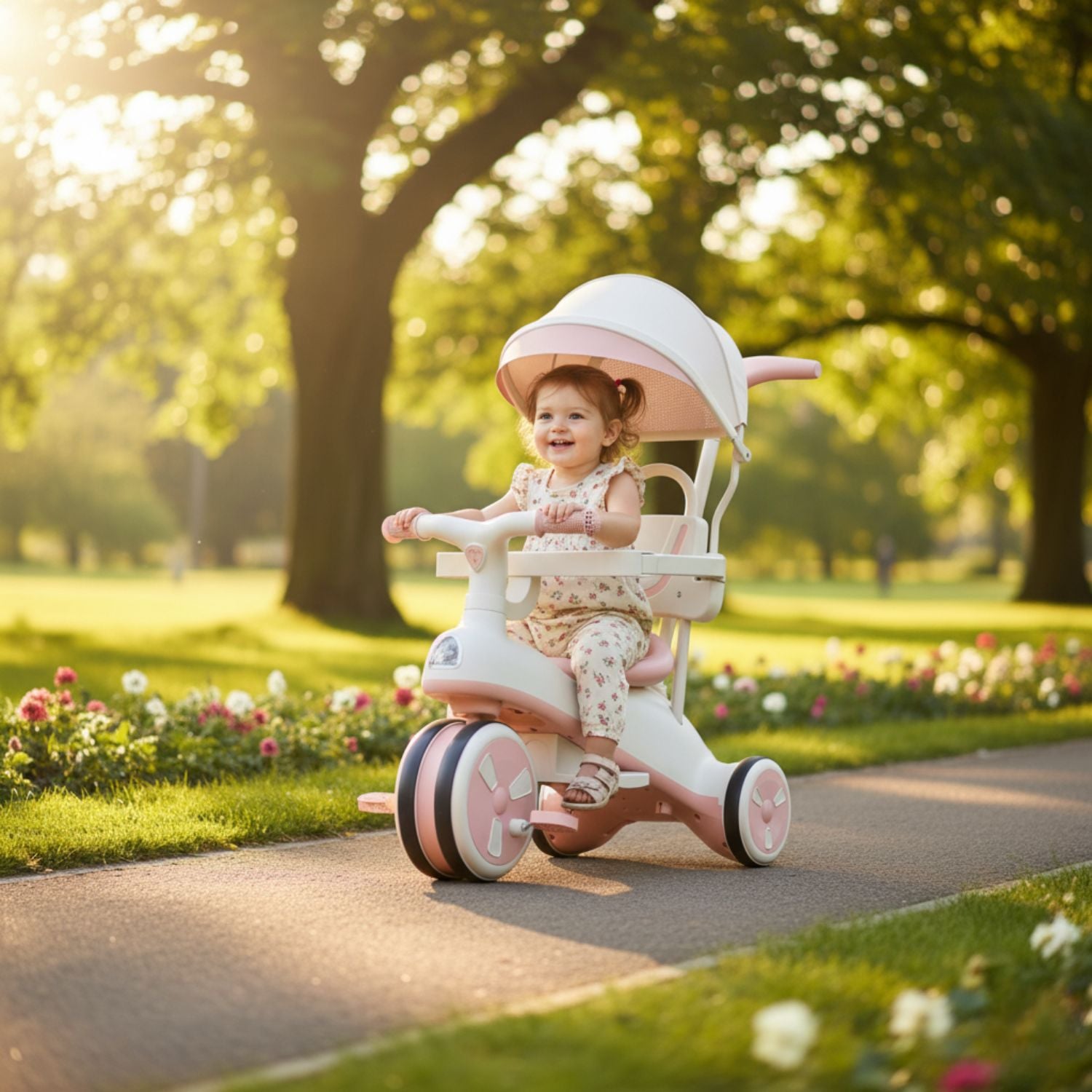 COCHE TRICICLO CON TECHO Y ANDADOR CON LUZ Y MÚSICA ROSA - 2