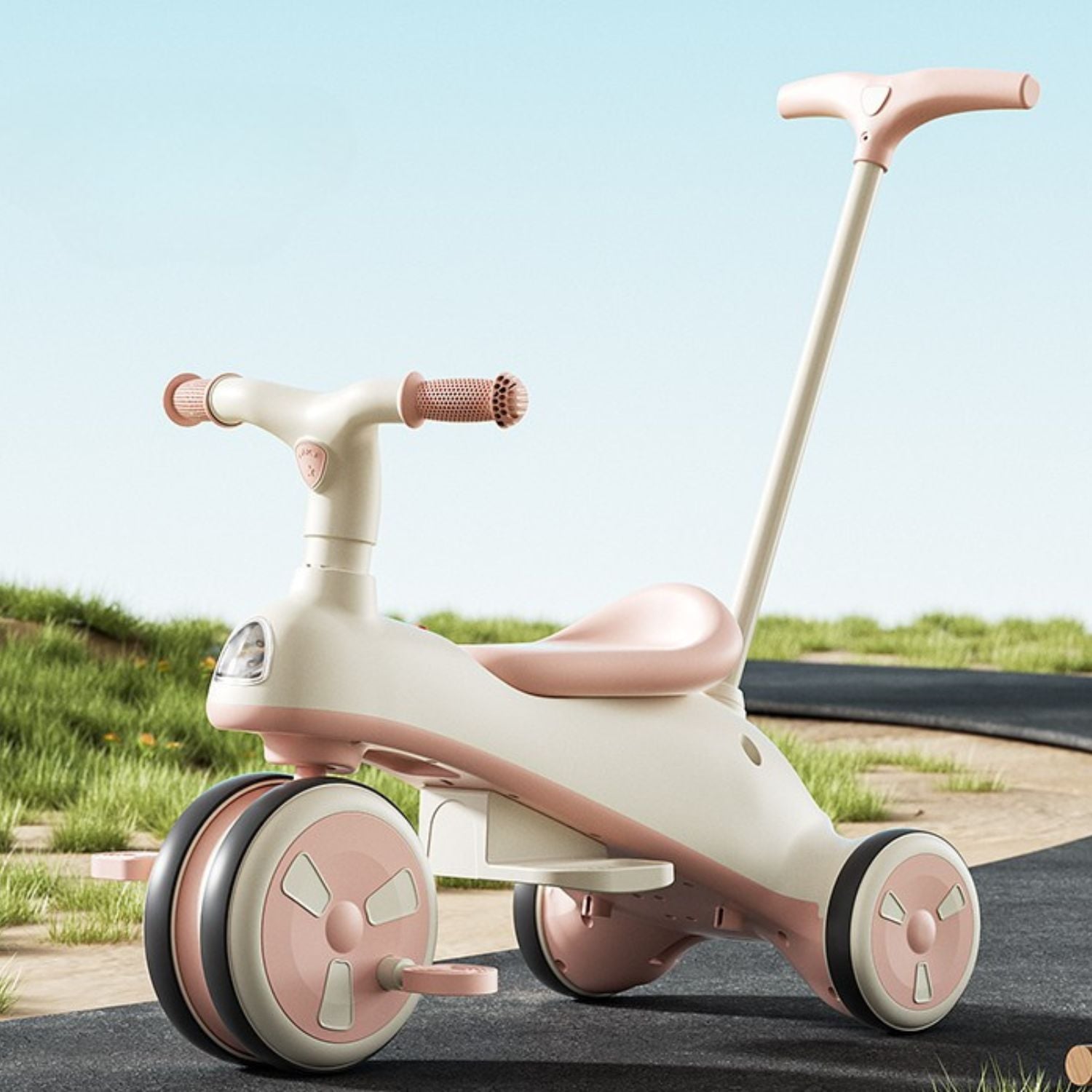 COCHE TRICICLO CON TECHO Y ANDADOR CON LUZ Y MÚSICA ROSA - 4