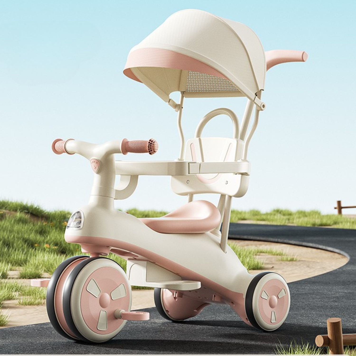 COCHE TRICICLO CON TECHO Y ANDADOR CON LUZ Y MÚSICA ROSA - 5