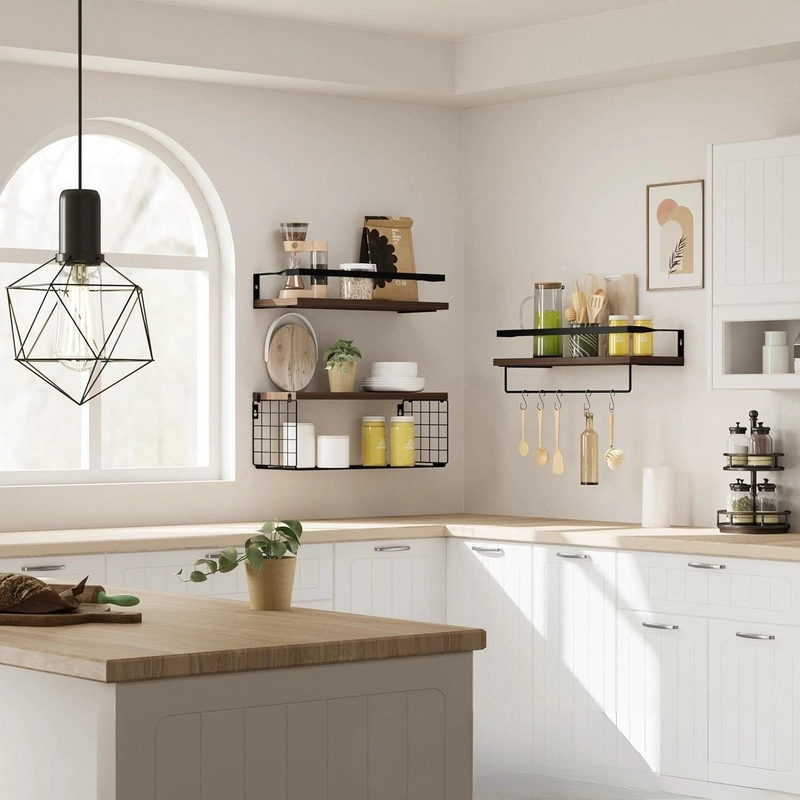 REPISAS FLOTANTES DE MADERA CON REJAS MULTIFUNCIONAL CAFE S - 5