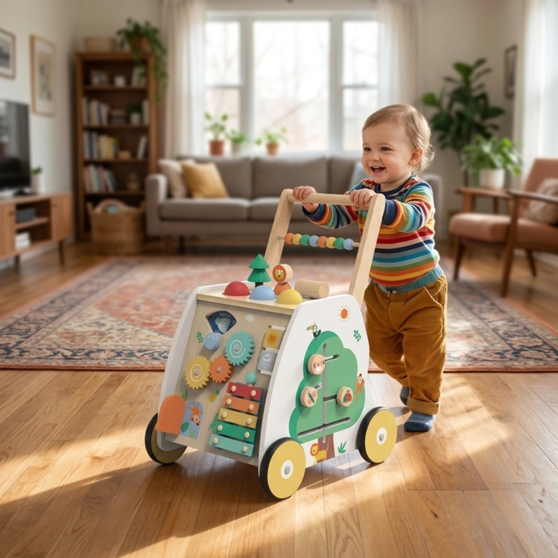 CAMINADOR Y ANDADOR INFANTIL DE MADERA CON JUEGOS DIDACTICOS - 1