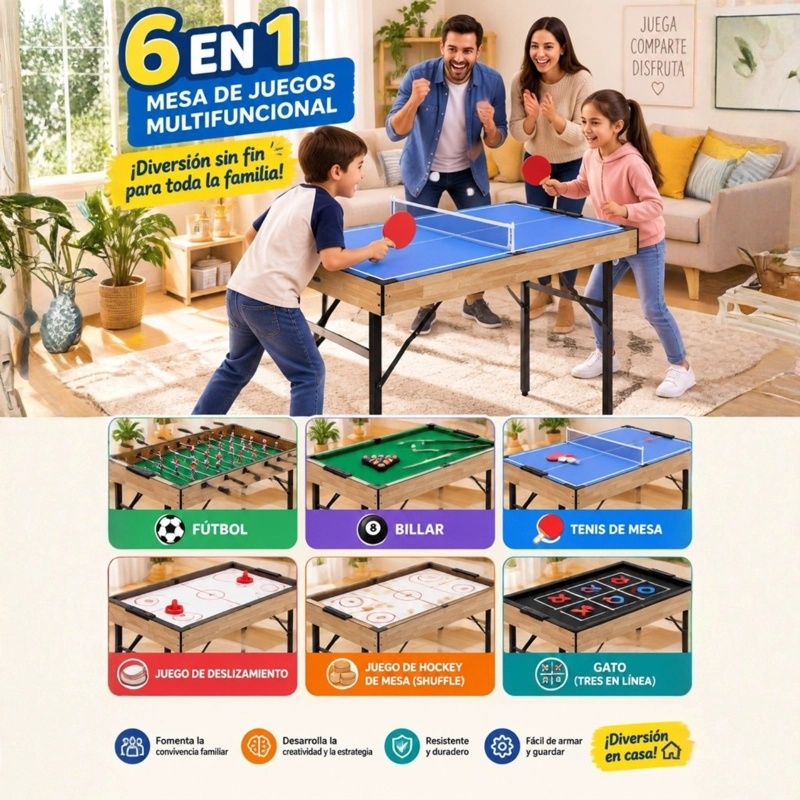 MESA MULTI MINI JUEGOS 6 EN 1 TACA TACA, PING PONG, POOLINA Y OTROS - 7
